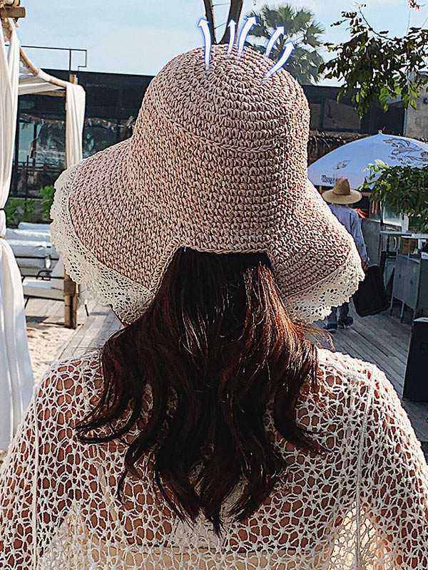 Sunscreen Solid Color Split-Joint Lace Straw Woven Breathable Beach Hat-Curvy-Faja