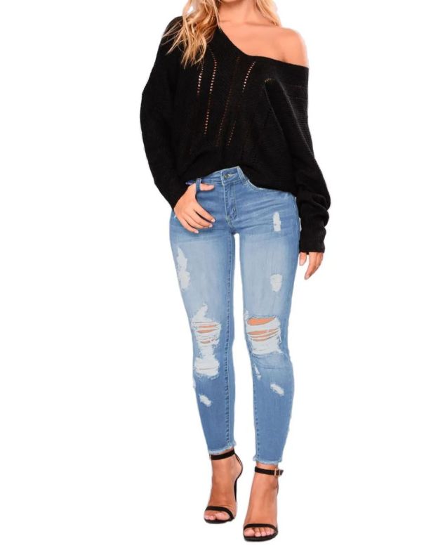Women's Ripped Denim Pants-Curvy-Faja
