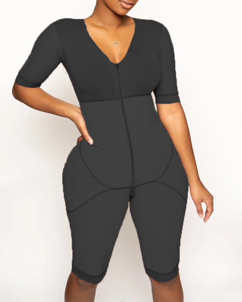 Full Body Bipper Bodysuit With Sleeves One-piece Postpartum Shapewear For Women Chest Cupport Hip Shaping Tummy Control Bodysuit-Curvy-Faja