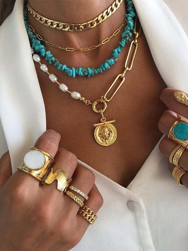 Bohemian Style Turquoise Retro Temperament Beaded Multilayer Necklace-Curvy-Faja
