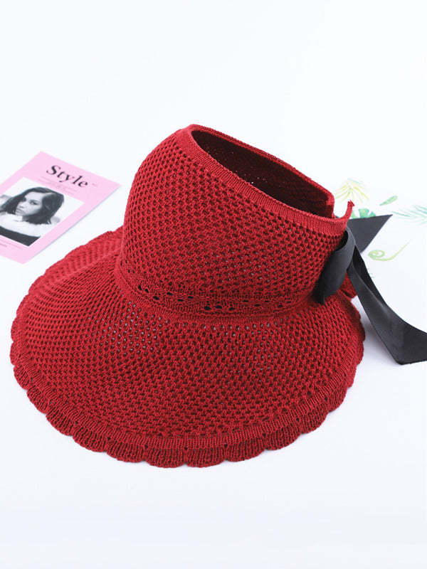 Solid Color Sunscreen Lace-Up Straw Woven Breathable Foldable Hat-Curvy-Faja