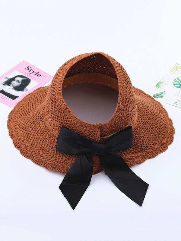 Solid Color Sunscreen Lace-Up Straw Woven Breathable Foldable Hat-Curvy-Faja