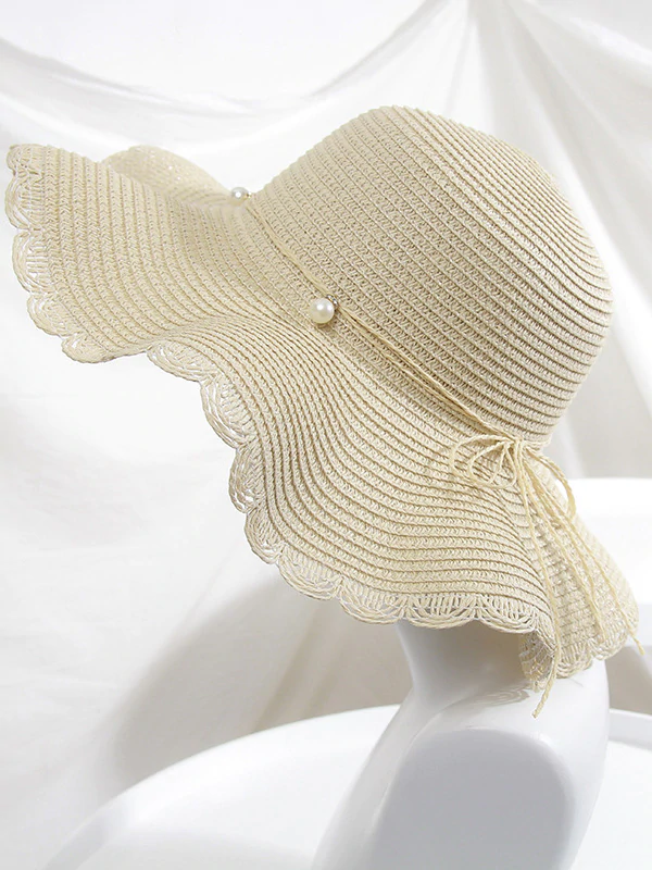 Wavy Edge Straw Woven Breathable Beaded Decorated Hat-Curvy-Faja