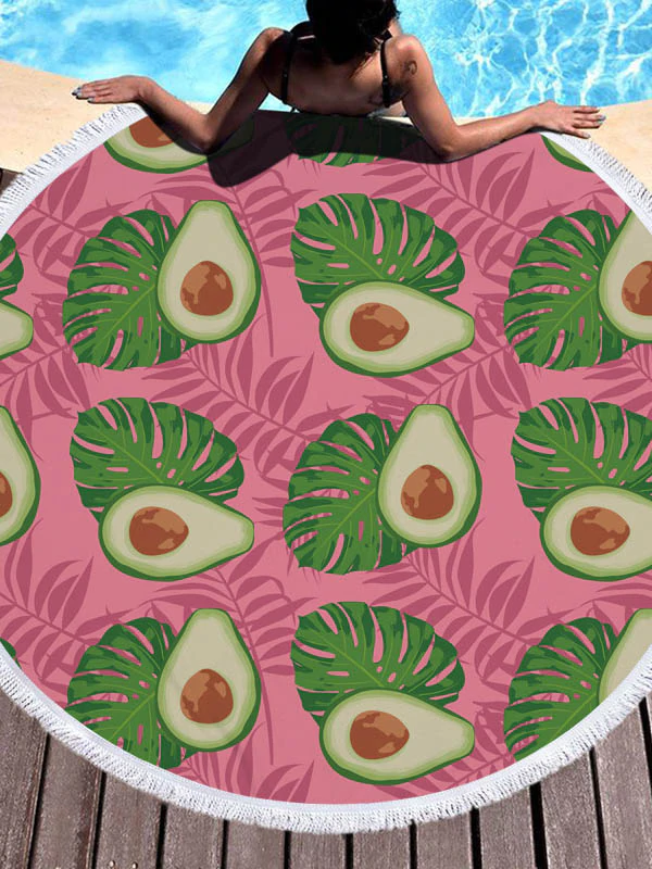 Avocado Print Round Shape Tasseled Soft Beach Mat-Curvy-Faja