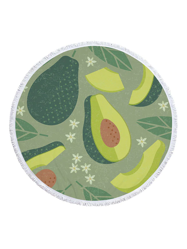 Avocado Print Round Shape Tasseled Soft Beach Mat-Curvy-Faja