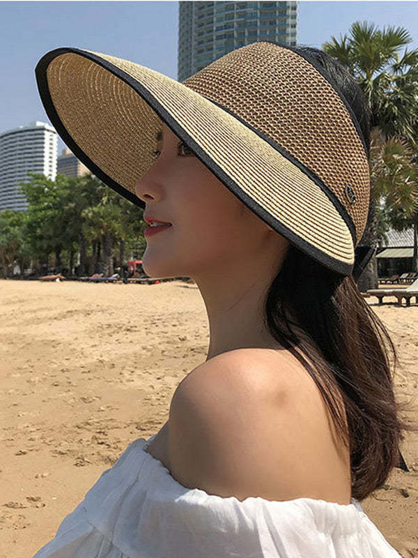 SOLID COLOR SUNSCREEN STRAW WOVEN BREATHABLE FOLDABLE CAP-Curvy-Faja