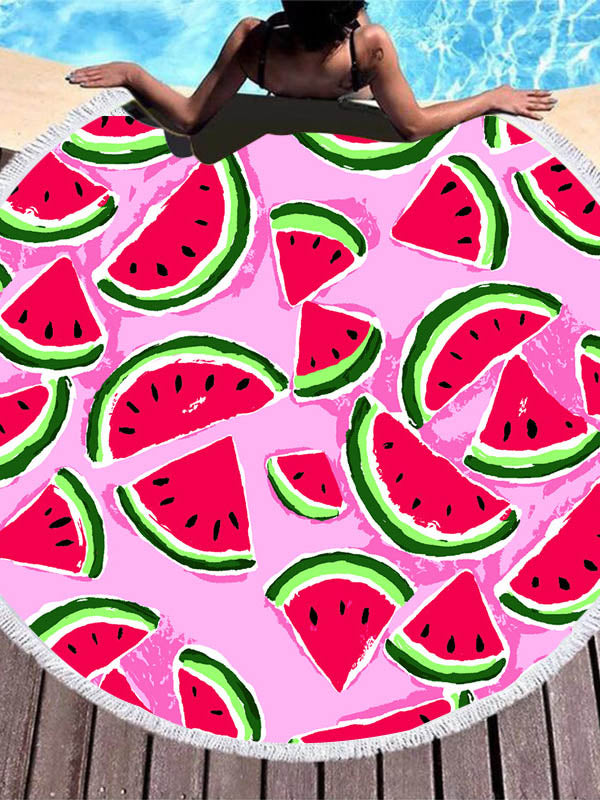 Color Fruit Print Round Shape Tasseled Soft Beach Mat-Curvy-Faja