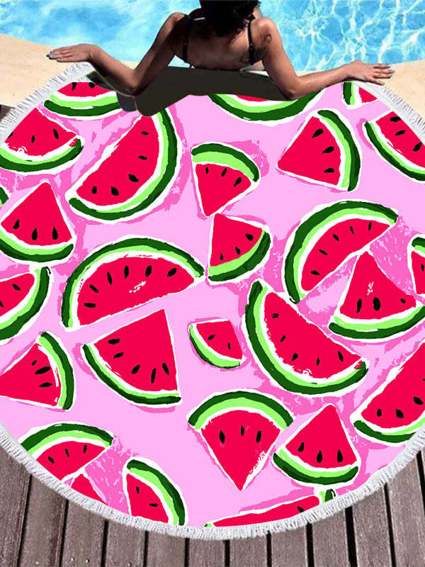 Color Fruit Print Round Shape Tasseled Soft Beach Mat-Curvy-Faja