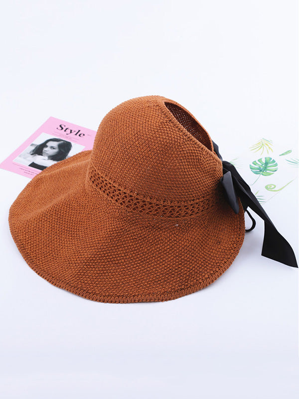 Solid Color Sunscreen Bow-Knot Straw Woven Breathable Foldable Hat-Curvy-Faja