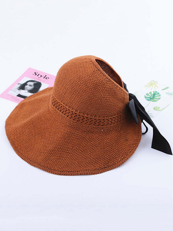 Solid Color Sunscreen Bow-Knot Straw Woven Breathable Foldable Hat-Curvy-Faja