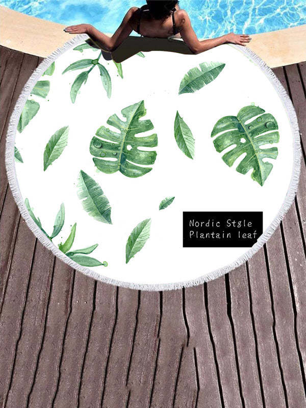 Leaves Print Round Shape Tasseled Beanch Mat-Curvy-Faja