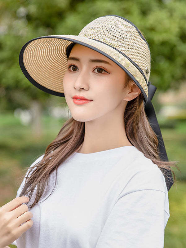 SOLID COLOR SUNSCREEN STRAW WOVEN BREATHABLE FOLDABLE CAP-Curvy-Faja