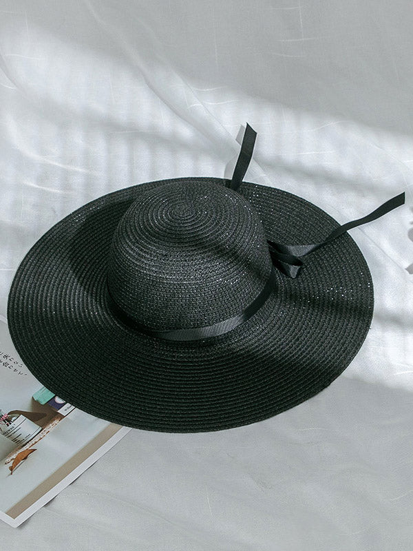 Sunscreen Solid Color Straw Bow-Knot Woven Breathable Beach Hat-Curvy-Faja