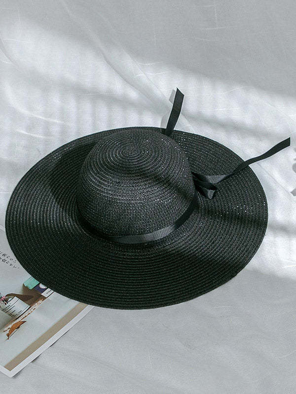 Sunscreen Solid Color Straw Bow-Knot Woven Breathable Beach Hat-Curvy-Faja