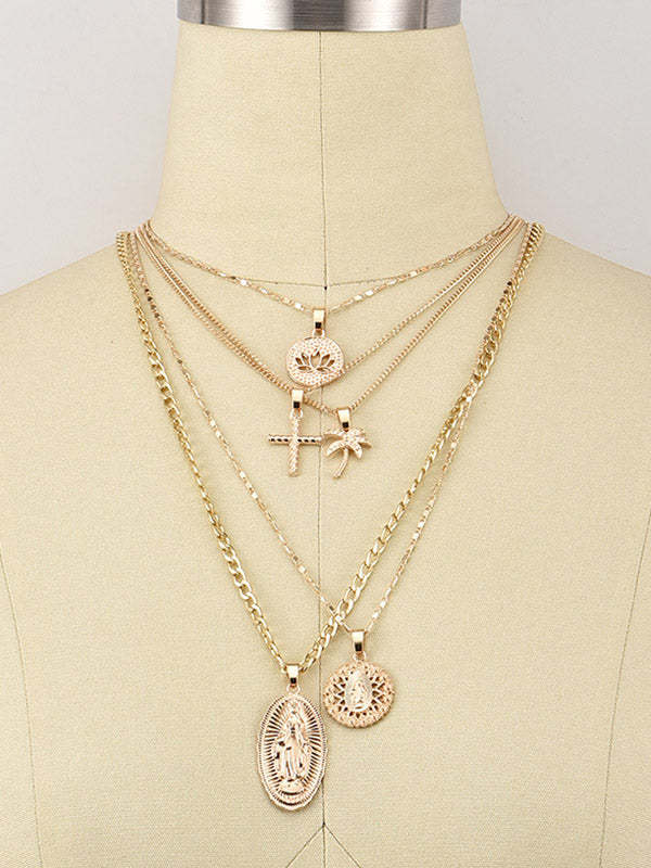 Fashion Coconut Tree Portrait Embossed Pendant Multilayer Necklace-Curvy-Faja