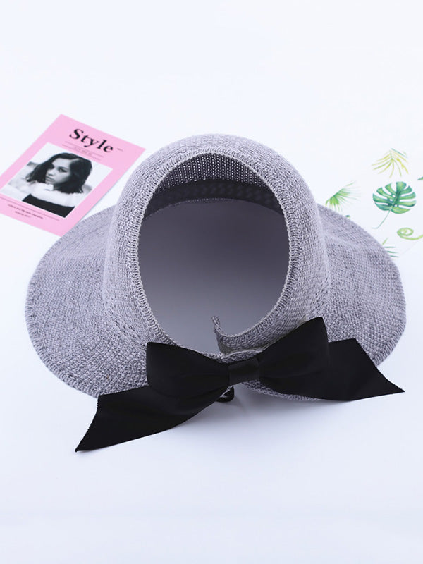 Solid Color Sunscreen Bow-Knot Straw Woven Breathable Foldable Hat-Curvy-Faja