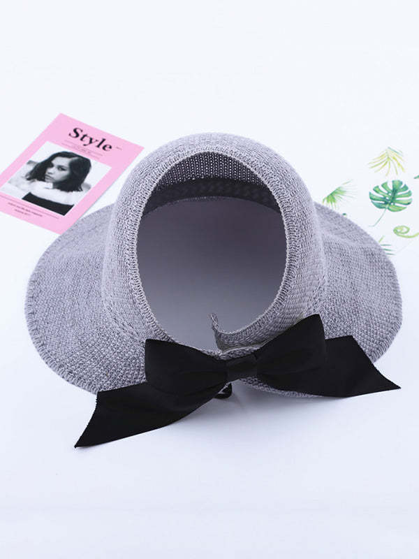 Solid Color Sunscreen Bow-Knot Straw Woven Breathable Foldable Hat-Curvy-Faja