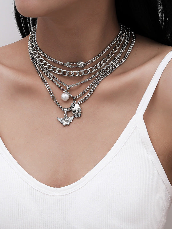 Personalized Skull Little Angel Hip Hop Creative Diamond Multilayer Necklace-curvy-faja