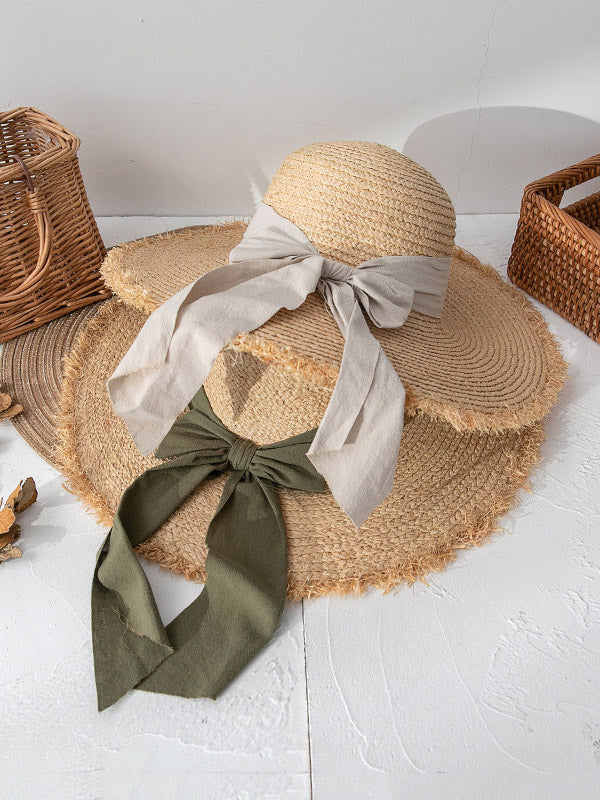 Solid Color Sunscreen Straw Bow-Knot Woven Breathable Beach Hat-Curvy-Faja