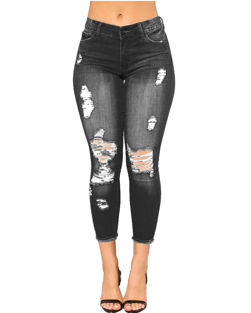 Women's Ripped Denim Pants-Curvy-Faja