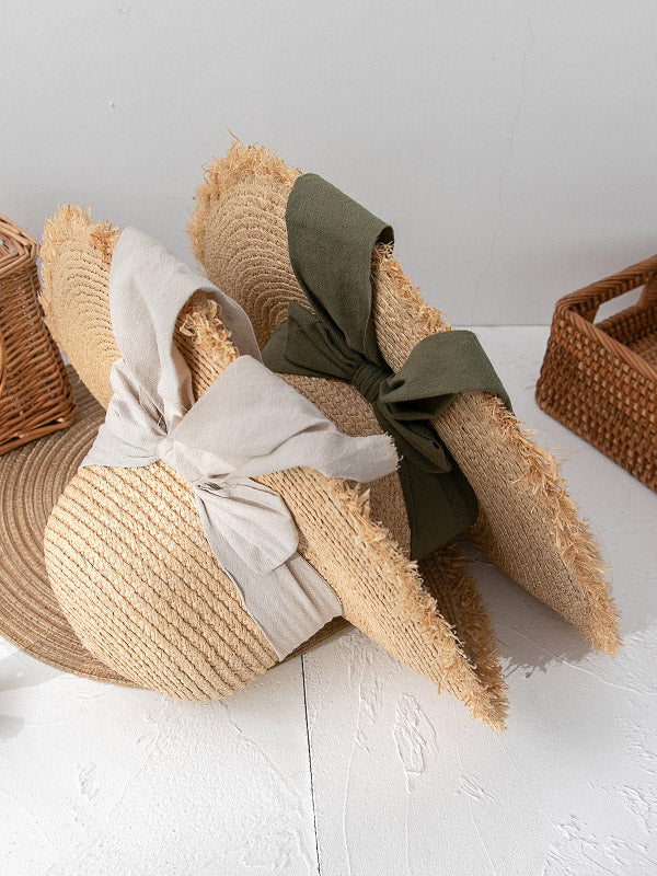 Solid Color Sunscreen Straw Bow-Knot Woven Breathable Beach Hat-Curvy-Faja