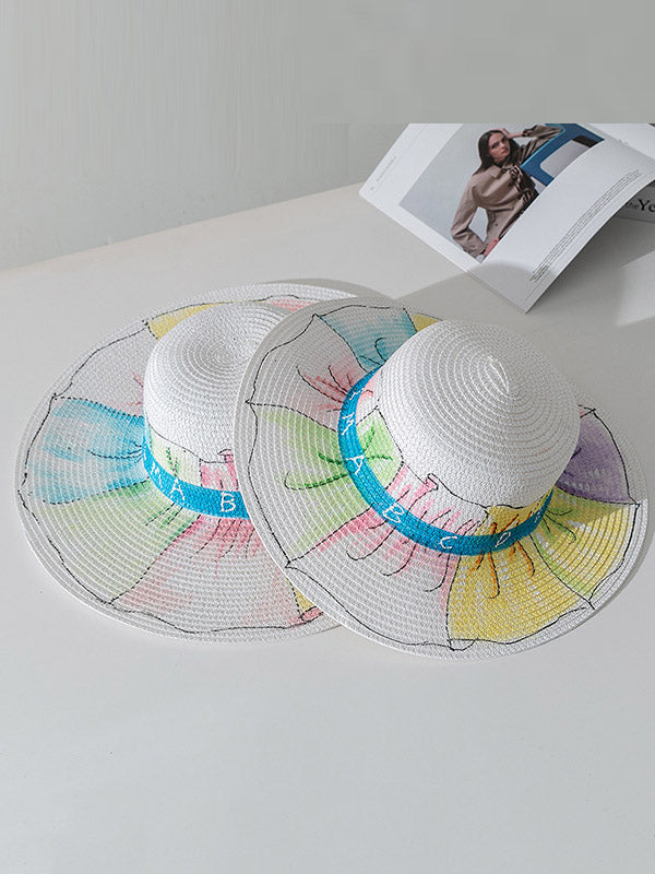Parent-Child Lovely Straw Hand Drawn Doodle Painted Cartoon Painting Sunscreen Hat-Curvy-Faja