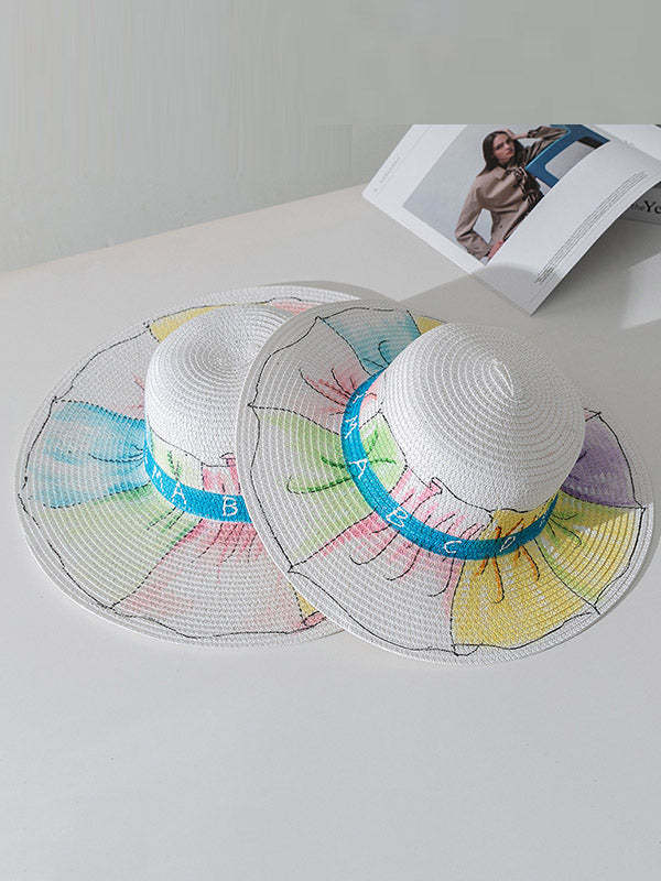 Parent-Child Lovely Straw Hand Drawn Doodle Painted Cartoon Painting Sunscreen Hat-Curvy-Faja