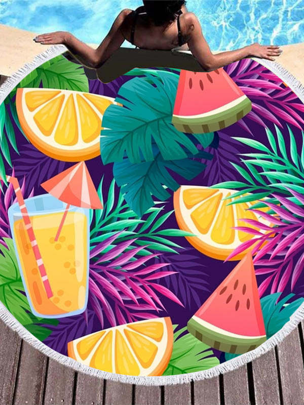 Color Fruit Print Round Shape Tasseled Soft Beach Mat-Curvy-Faja