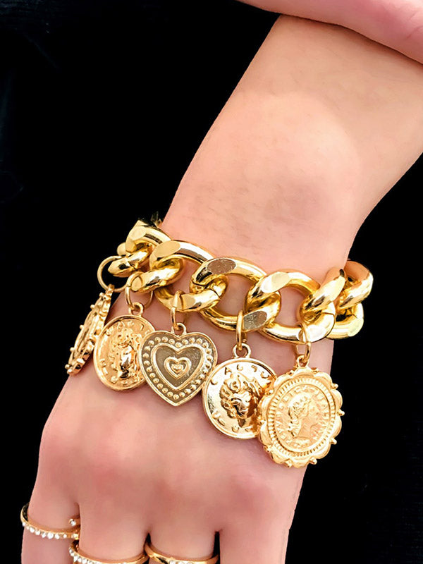 Retro Embossed Pendant Chain Geometric Punk Bracelet-curvy-faja