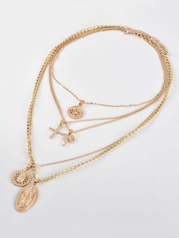 Fashion Coconut Tree Portrait Embossed Pendant Multilayer Necklace-Curvy-Faja