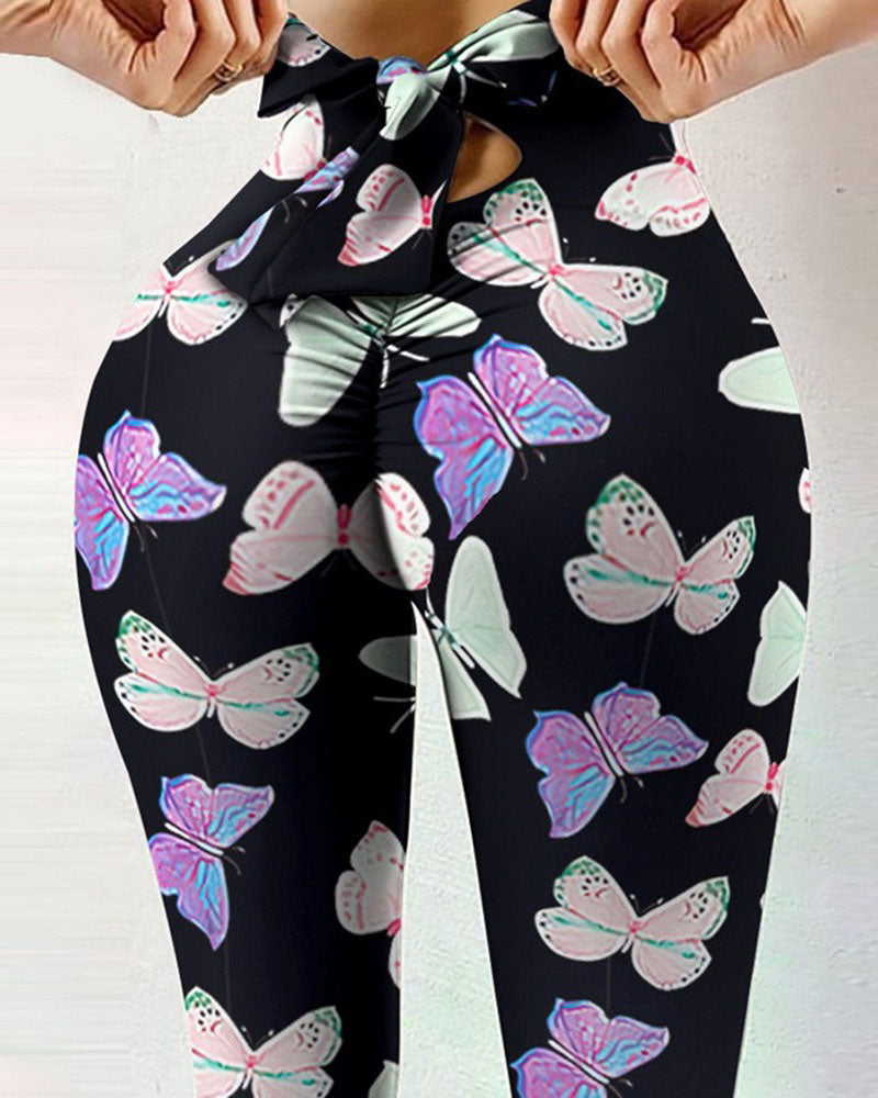 Printed Bow Design Yoga Leggings-Curvy-Faja