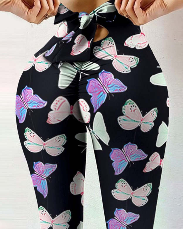 Printed Bow Design Yoga Leggings-Curvy-Faja