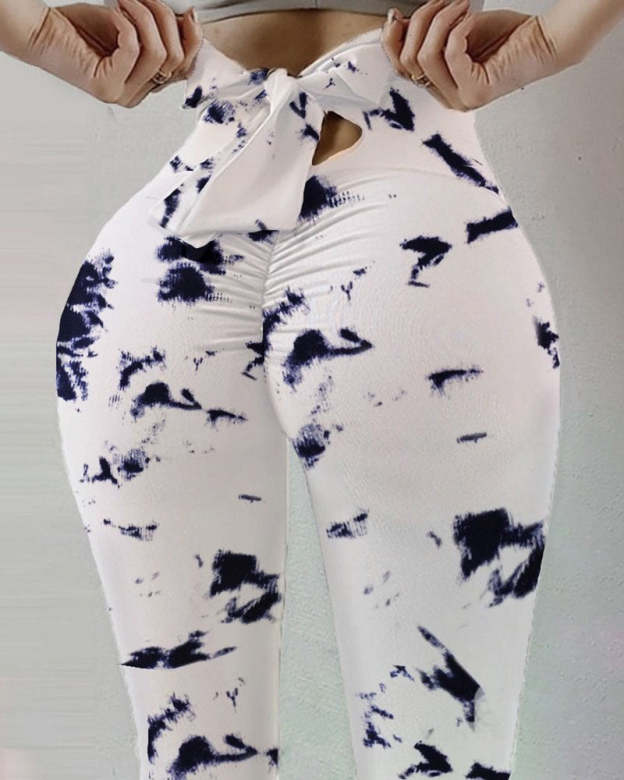 Printed Bow Design Yoga Leggings-Curvy-Faja