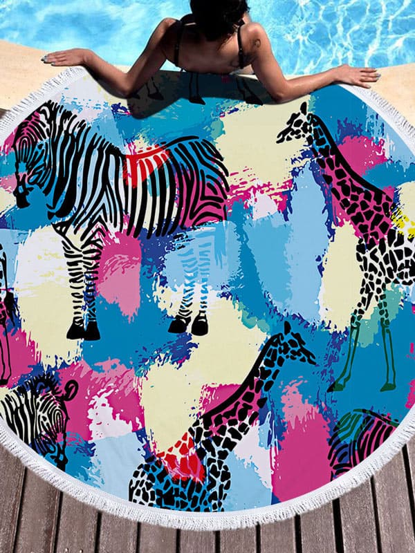 Stylish Animal Printed Round Shape Tasseled Soft Beach Mat-Curvy-Faja