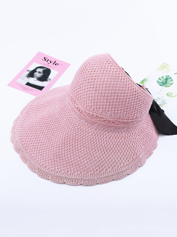 Solid Color Sunscreen Lace-Up Straw Woven Breathable Foldable Hat-Curvy-Faja