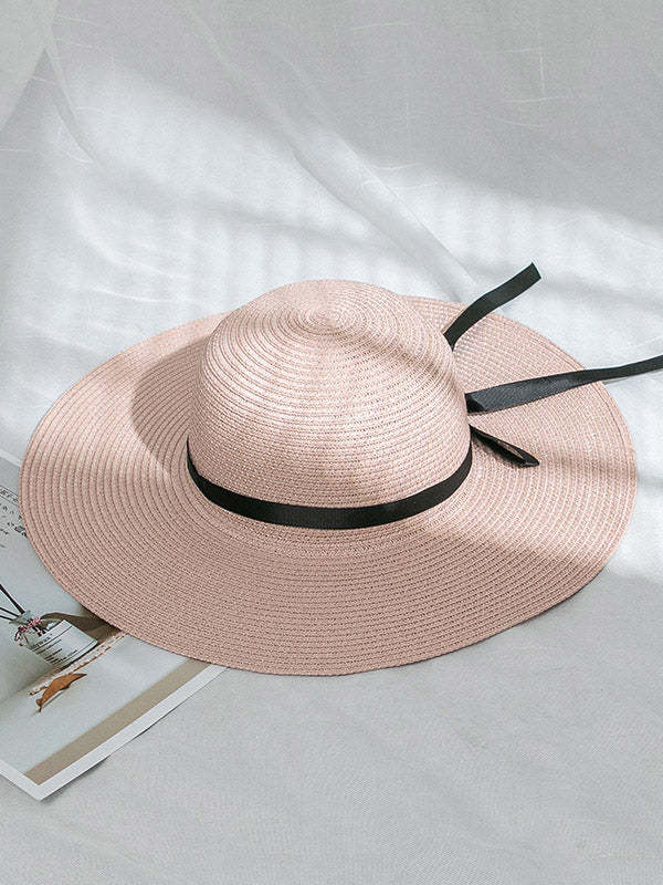 Sunscreen Solid Color Straw Bow-Knot Woven Breathable Beach Hat-Curvy-Faja