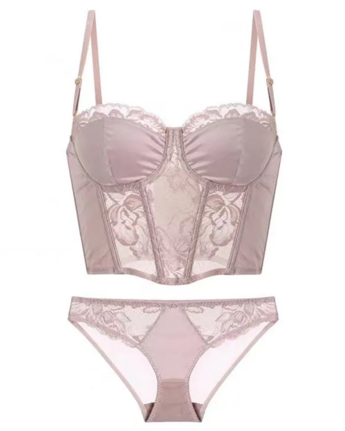 French Long Satin Lace Bra Set Underwear-Curvy-Faja