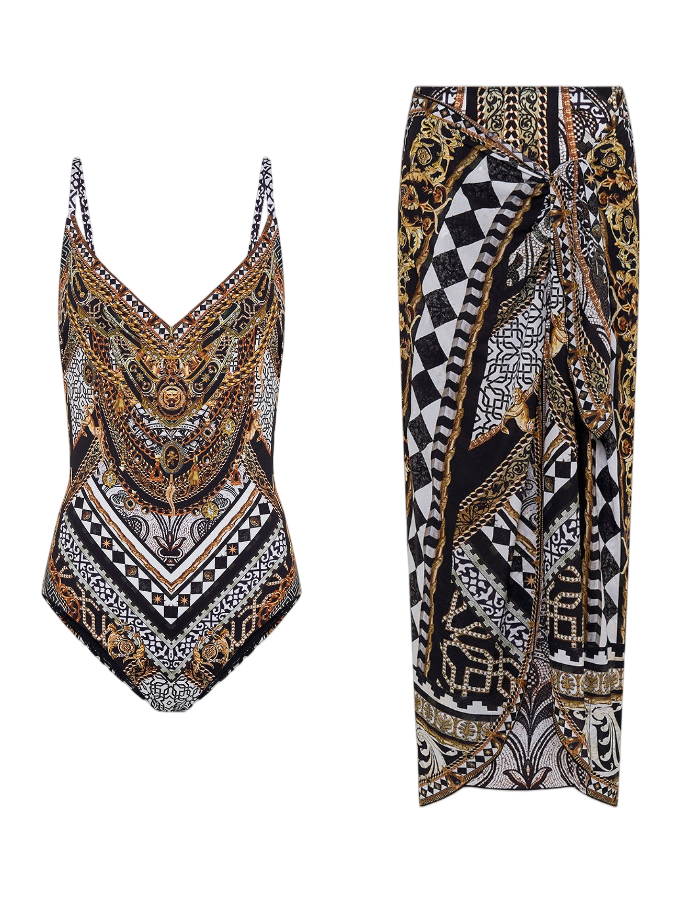Printed Halter Swimsuit and Skirt