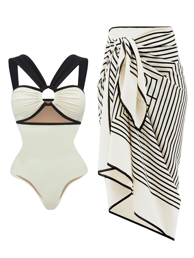 Color Block One-Piece Swimsuit And Beach Kaftan Dress