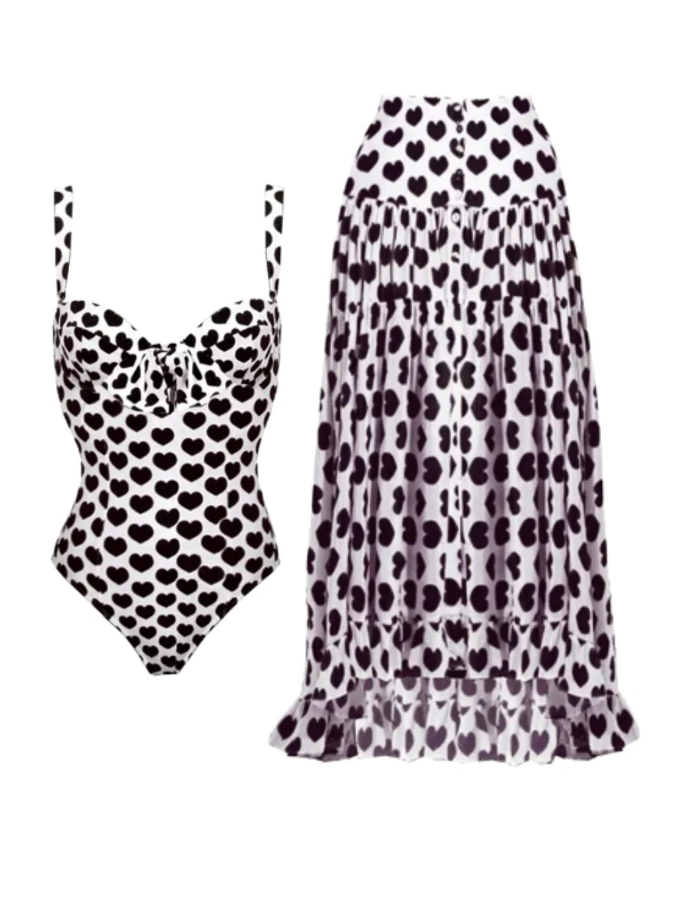 Sling Lace Up Printed One Piece Swimsuit And Beach Skirt