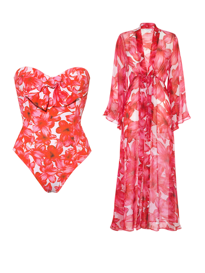 Beach Flower Print Swimsuit and Kimono