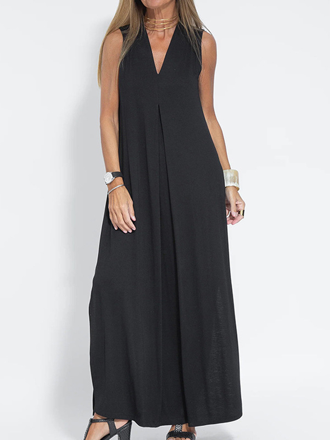 Solid V-neck Casual Sleeveless Maxi Dres