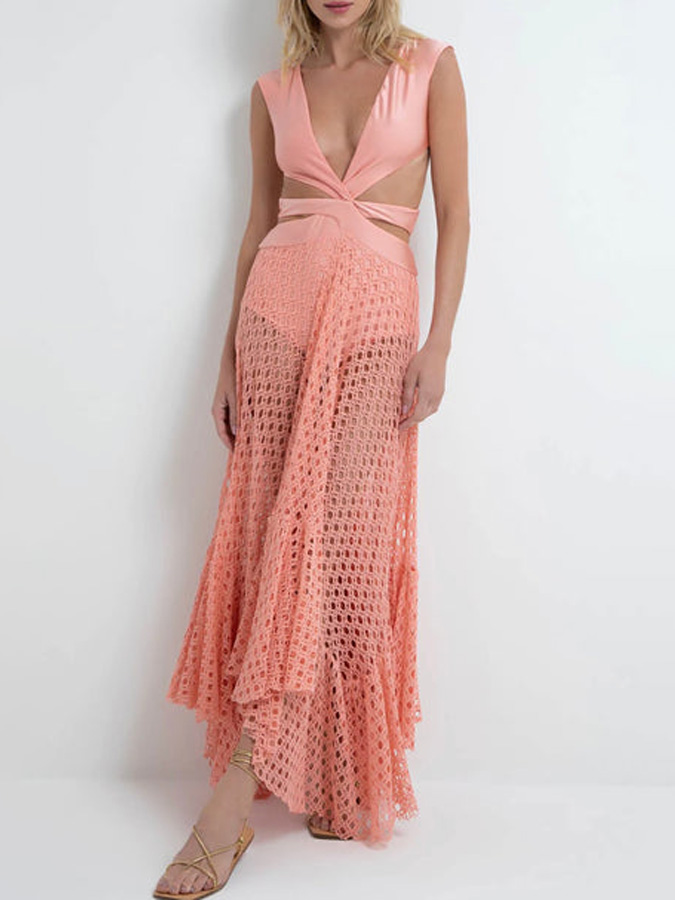 Belted Crochet-trimmed Maxi Swimsuit