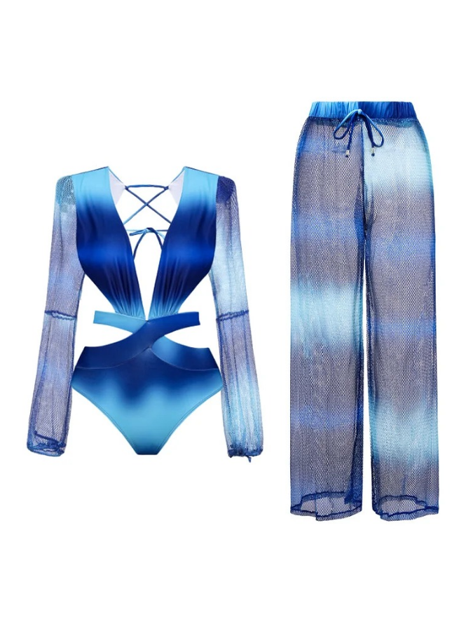 Gradient Blue Deep V Long Sleeve One Piece Swimsuit and Pants