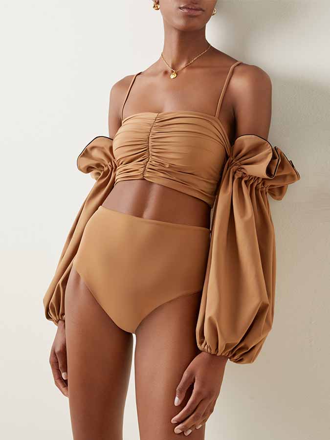 Solid Color Puff Sleeve Bikini