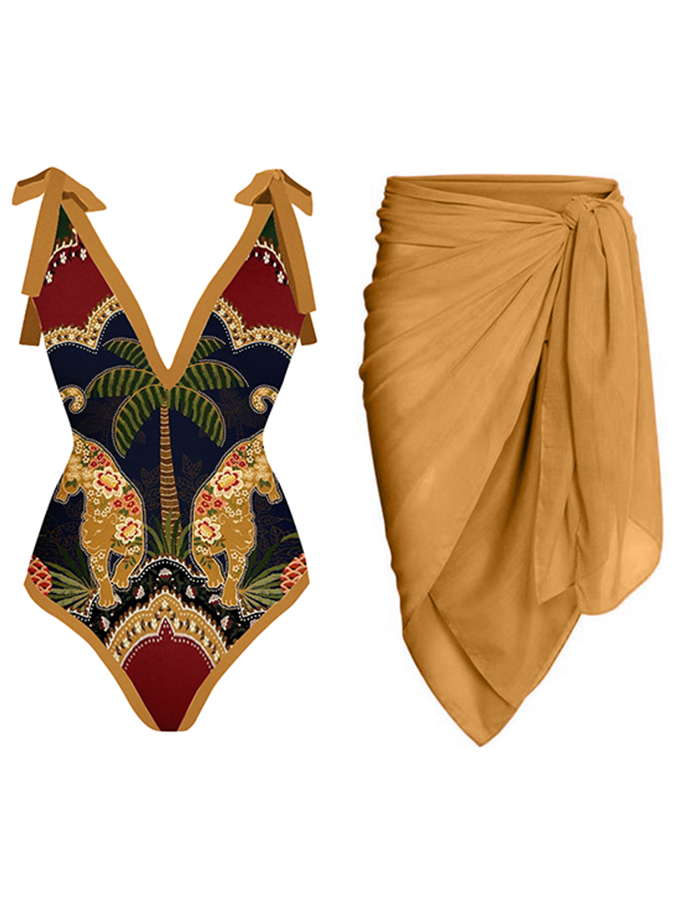 V-Neck Vintage Animal Print One-Piece Swimsuit Set