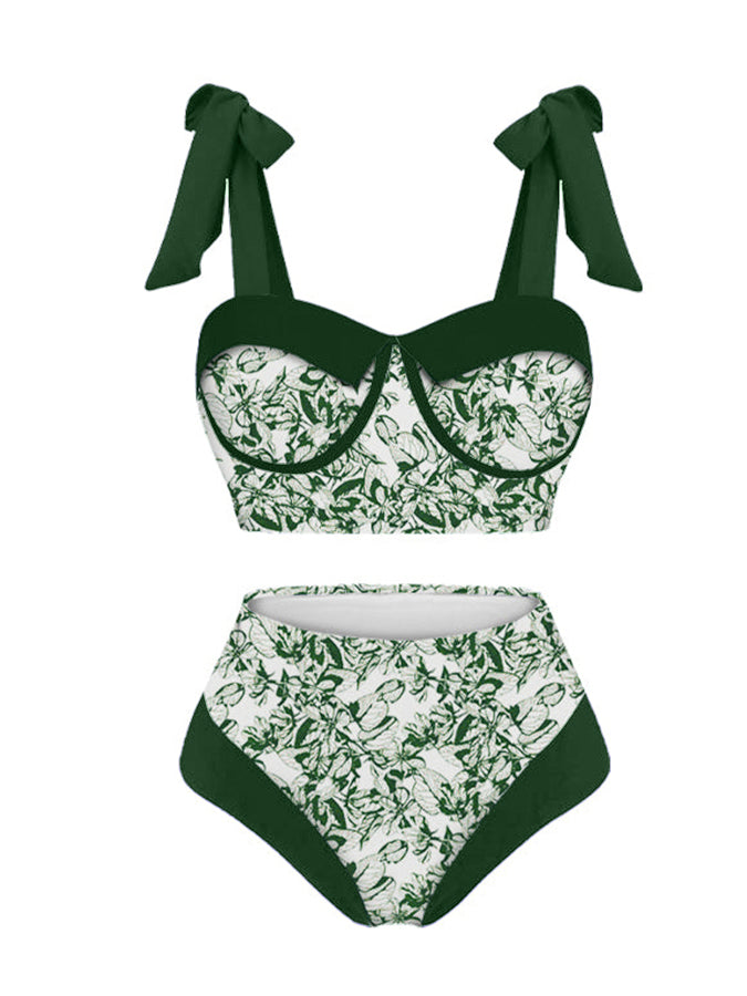 Vintage Colorblock Print Swimsuit Set