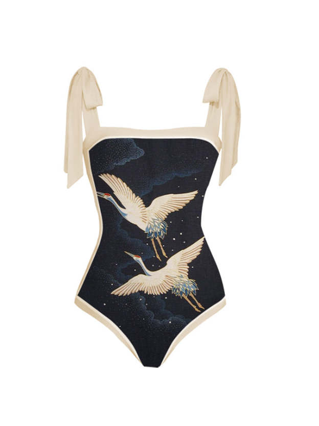 Printed Simple Lace-Up One-Piece Swimsuit
