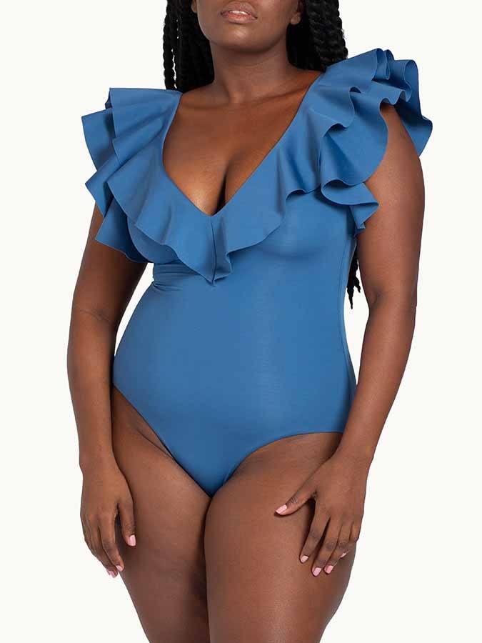 V-Neck Ruffled Solid Color One-Piece Swimsuit