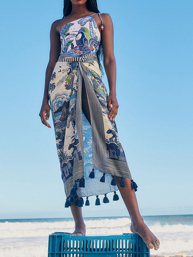 OneShoulder Print Chic OnePiece Swimsuit and CoverUp